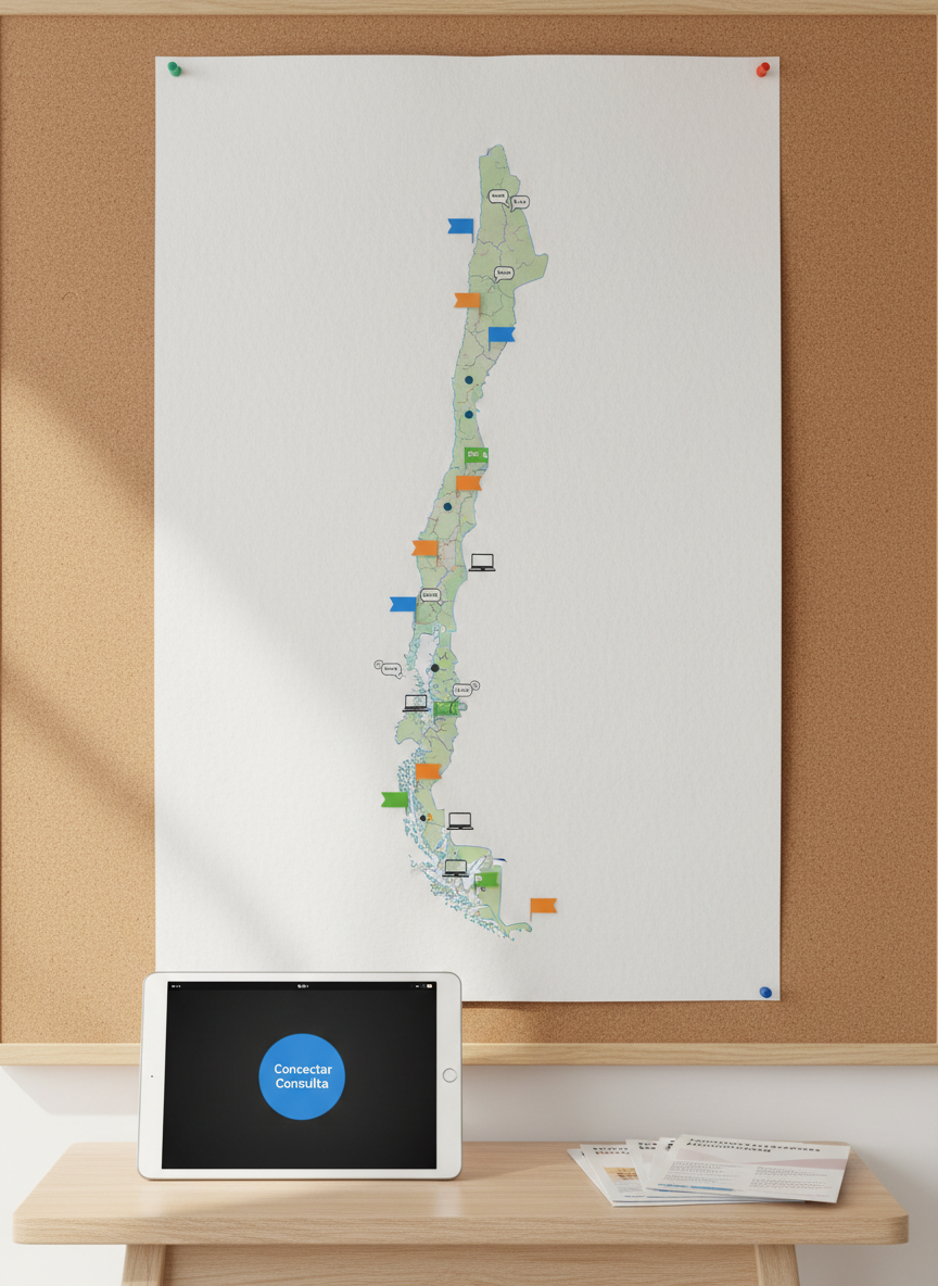 A large, detailed map of Chile printed on matte white paper, pinned neatly to a cork board above a narrow console table. Tiny colored flags and subtle icons of laptops and chat bubbles are placed along the length of the country, indicating remote access to psychiatric telemedicine from Arica to Punta Arenas. On the console table sits a tablet displaying a secure video call interface with the camera off and a prominent “Conectar Consulta” button, alongside a tidy stack of patient education leaflets about anxiety and depression in Spanish. Soft, diffused overhead lighting and gentle side illumination create a clean, documentary-style photographic realism, with an eye-level composition and sharp focus throughout, emphasizing national coverage and accessibility of online psychiatric services.