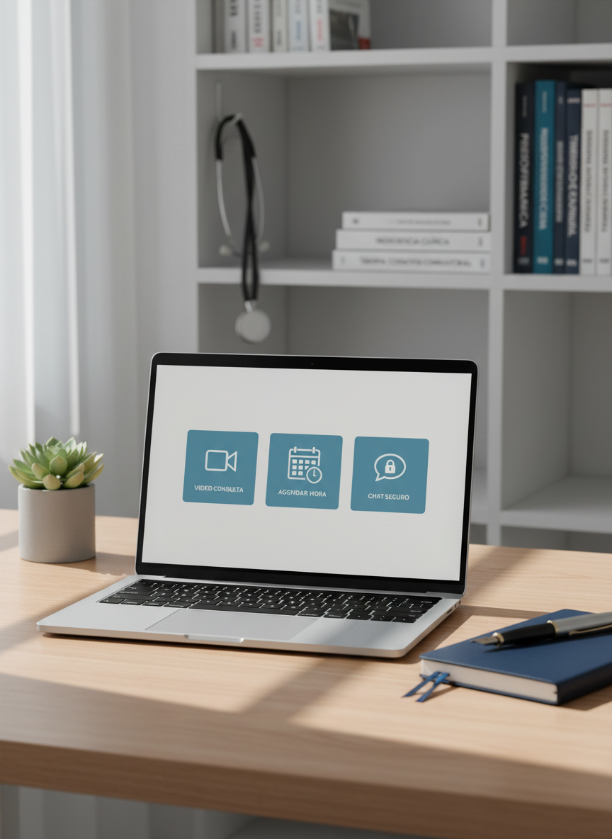 A sleek, uncluttered home office desk with a slim silver laptop open to a clean telemedicine interface, showing large icons for video consultation, calendar scheduling, and secure chat, all without displaying any people. The laptop rests on a light wood surface beside a small, healthy green plant and a closed notebook with a fountain pen on top. Behind, a softly blurred bookshelf holds neatly arranged medical textbooks and a stethoscope hanging from a hook. Natural daylight from an unseen window bathes the scene in soft, even light, creating gentle shadows. Photographic realism, eye-level composition, shallow depth of field, and a calm, reassuring atmosphere reinforce the professionalism and accessibility of online psychiatric care in Chile.