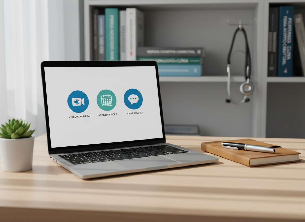 A sleek, uncluttered home office desk with a slim silver laptop open to a clean telemedicine interface, showing large icons for video consultation, calendar scheduling, and secure chat, all without displaying any people. The laptop rests on a light wood surface beside a small, healthy green plant and a closed notebook with a fountain pen on top. Behind, a softly blurred bookshelf holds neatly arranged medical textbooks and a stethoscope hanging from a hook. Natural daylight from an unseen window bathes the scene in soft, even light, creating gentle shadows. Photographic realism, eye-level composition, shallow depth of field, and a calm, reassuring atmosphere reinforce the professionalism and accessibility of online psychiatric care in Chile.