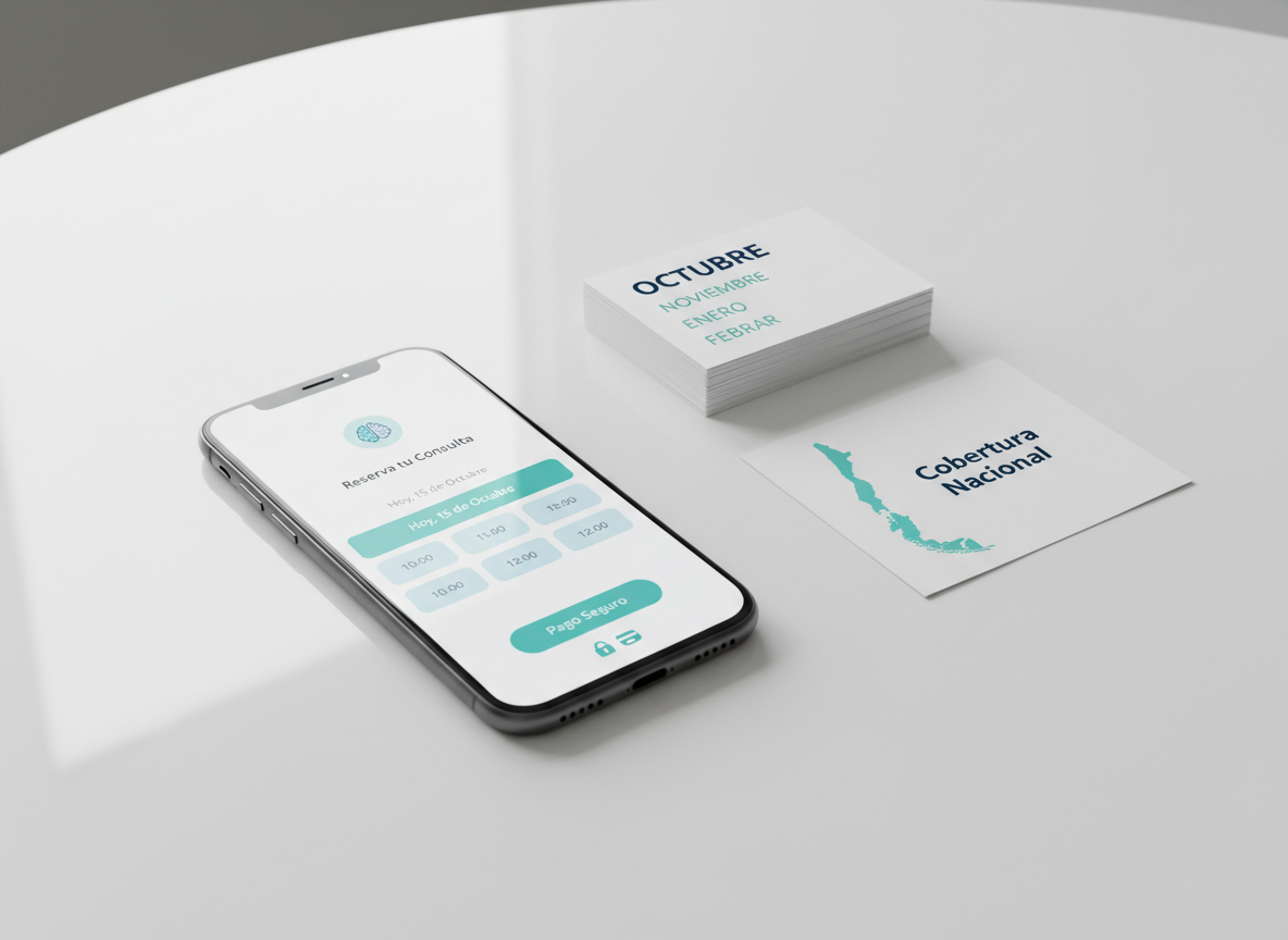 A modern smartphone lying on a pristine white table, its screen displaying a clear, minimalist telepsychiatry booking page with options for choosing dates, times, and secure payment, carefully designed with teal and soft blue accents. Next to the phone, a tidy stack of appointment cards labeled with months in Spanish and a subtle map outline of Chile on a thin paper brochure emphasize national coverage. Soft studio lighting creates delicate reflections on the phone’s glass and smooth shadows beneath the objects. Shot from a slightly elevated angle with crisp photographic realism, the composition follows the rule of thirds, evoking simplicity, trust, and the ease of reserving a psychiatric telemedicine consultation via web or WhatsApp.