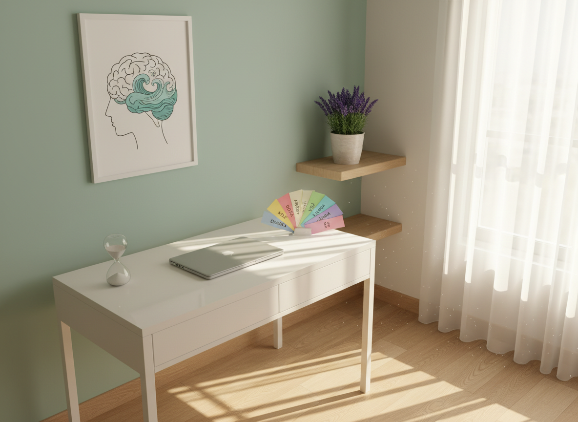A tranquil therapy corner designed for remote psychiatric sessions, featuring a tidy white desk with a closed laptop, a small hourglass half-full of white sand, and a neatly arranged set of colored emotion cards in Spanish spread in a gentle fan shape. Behind the desk, a soft mint-green wall holds a simple framed illustration of a brain intertwined with calm ocean waves, symbolizing mental health. A potted lavender plant sits on a nearby shelf, adding organic texture. Warm afternoon window light filters through sheer curtains, casting soft, elongated shadows and a golden glow. Shot from a slightly elevated, three-quarter angle with photographic realism and a serene, minimalist aesthetic, the image conveys calm, reflection, and emotional support at a distance.