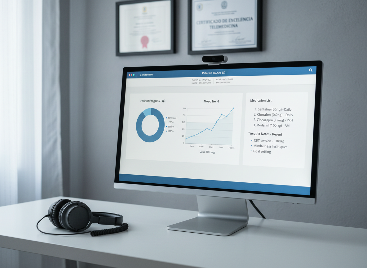 A high-resolution close-up of a computer monitor on a minimalist white desk, displaying a confidential electronic medical record interface with charts, mood tracking graphs, and medication lists, all anonymized and free of any personal names or images. A pair of stylish noise-cancelling headphones rests beside a subtle, metallic webcam perched on the monitor. In the background, out of focus, a framed diploma and a certificate in Spanish hang on a soft gray wall. Diffused, cool natural light from a side window creates a balanced, clinical yet welcoming atmosphere. Photographic realism, eye-level straight-on composition, and moderate depth of field highlight the organization, privacy, and professionalism of telepsychiatry practice.