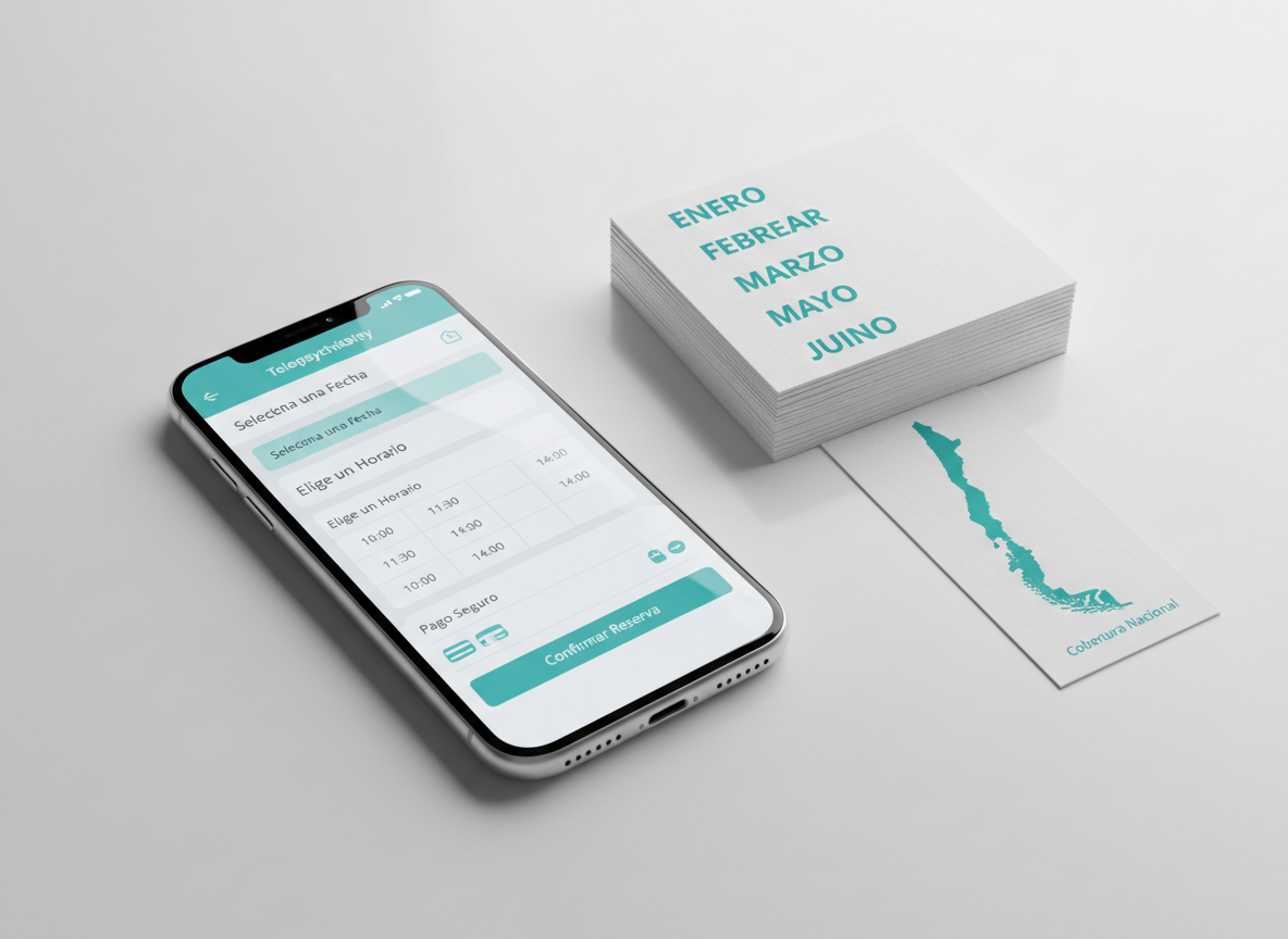 A modern smartphone lying on a pristine white table, its screen displaying a clear, minimalist telepsychiatry booking page with options for choosing dates, times, and secure payment, carefully designed with teal and soft blue accents. Next to the phone, a tidy stack of appointment cards labeled with months in Spanish and a subtle map outline of Chile on a thin paper brochure emphasize national coverage. Soft studio lighting creates delicate reflections on the phone’s glass and smooth shadows beneath the objects. Shot from a slightly elevated angle with crisp photographic realism, the composition follows the rule of thirds, evoking simplicity, trust, and the ease of reserving a psychiatric telemedicine consultation via web or WhatsApp.